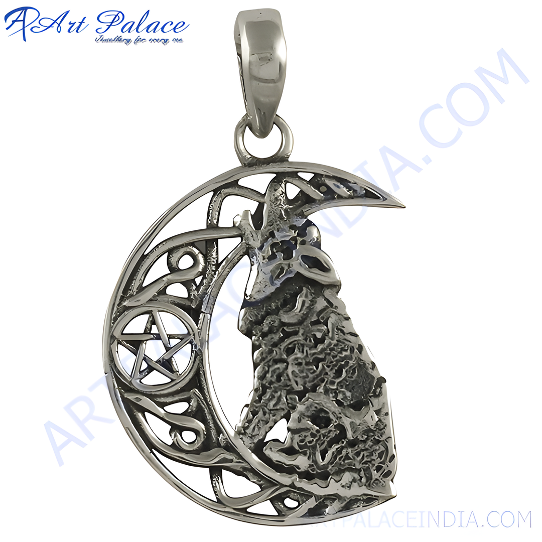 925 sterling silver crescent moon pendant with intricate detailing, ideal for women.