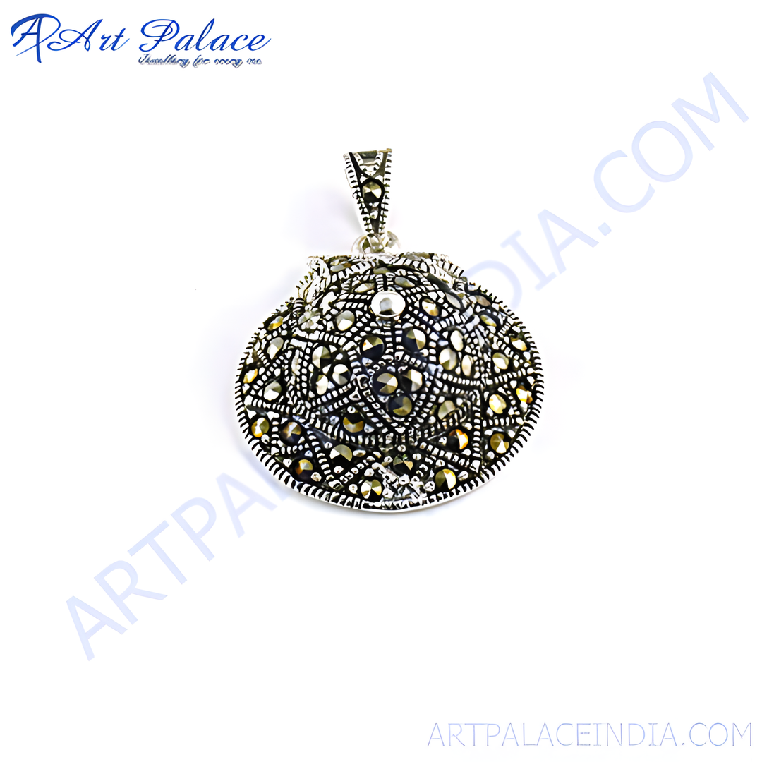 Sterling silver marcasite pendant, round shape, studded with sparkling marcasite stones, for women