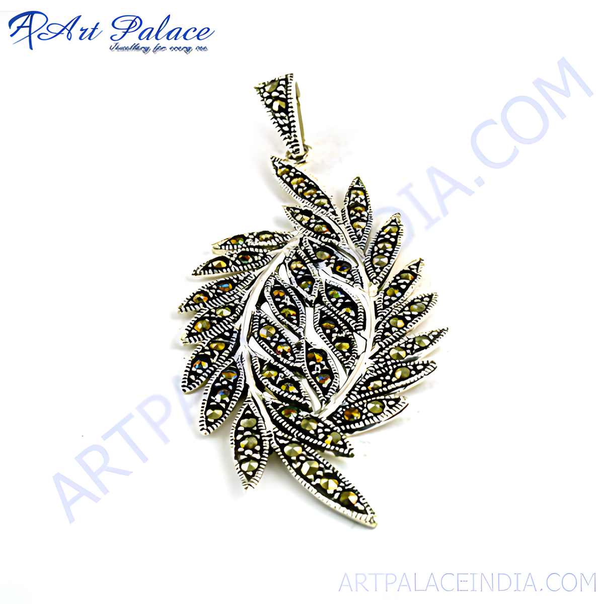 925 sterling silver marcasite leaf pendant, sparkling with marcasite stones on white background