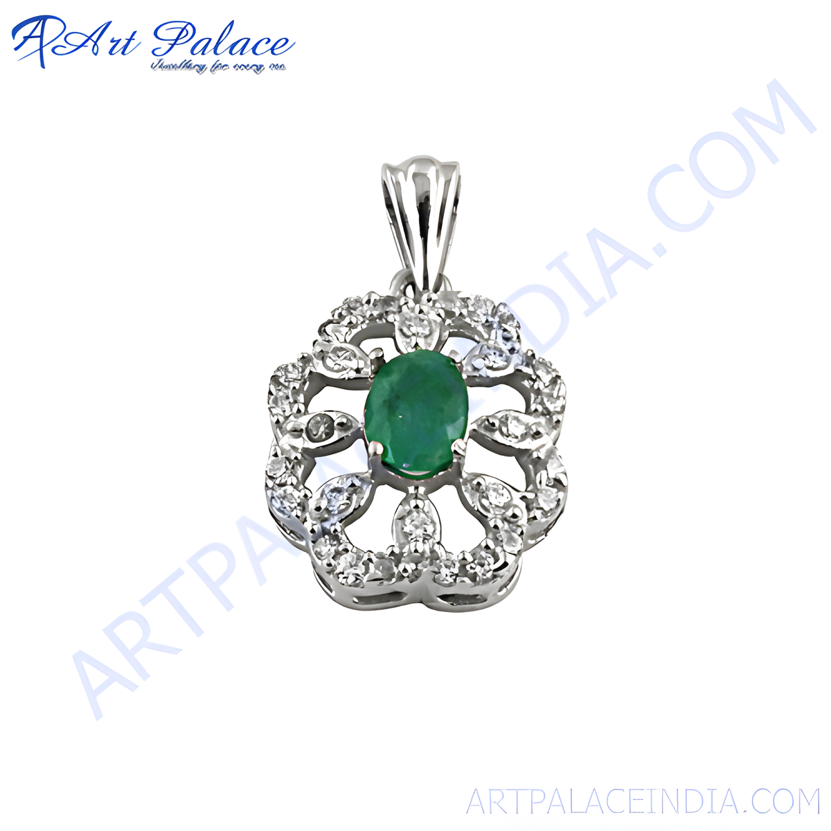 925 sterling silver flower pendant with oval emerald and diamond accents