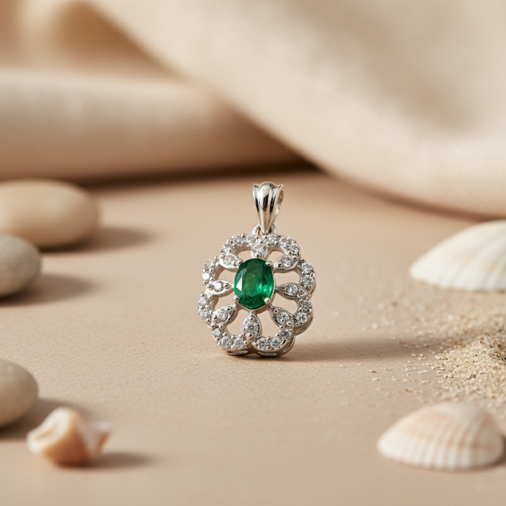 925 Silver Emerald & Diamond Flower Pendant | Women's Jewelry