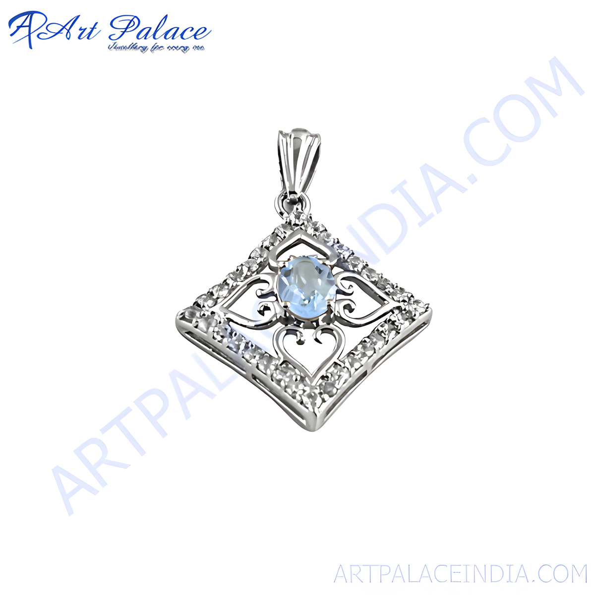 925 sterling silver pendant with a blue topaz gemstone and diamond accents, diamond pendant