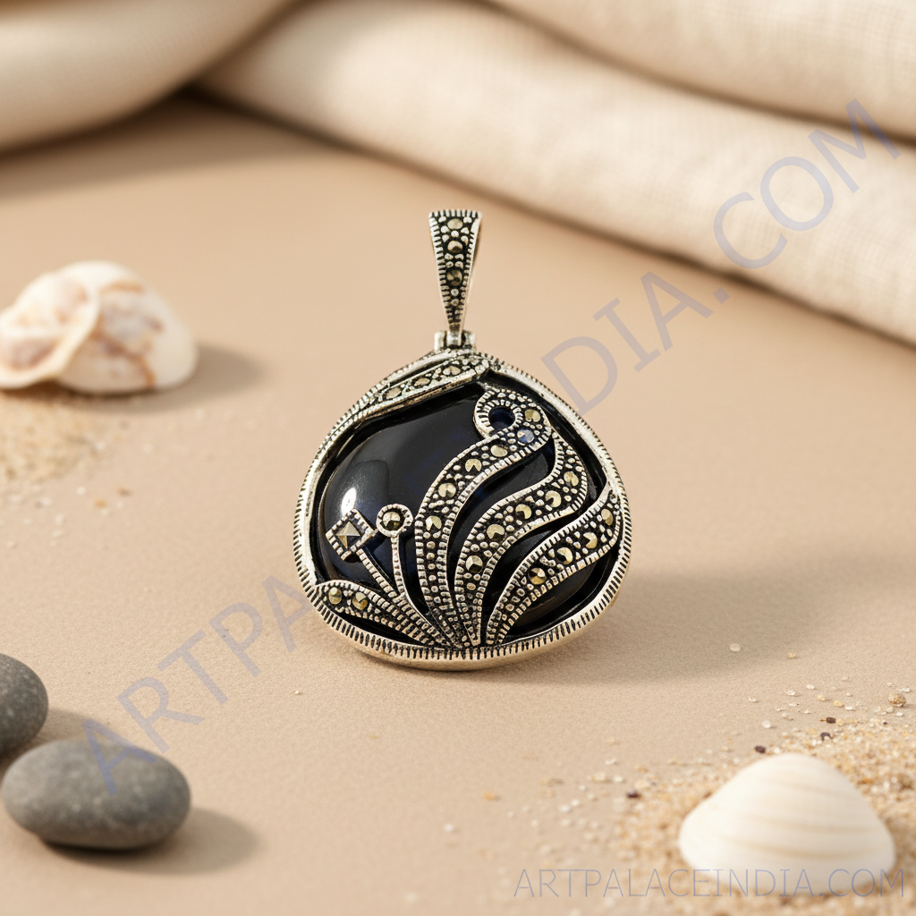 925 Silver Onyx Pendant for Women | Marcasite Embellished Gift