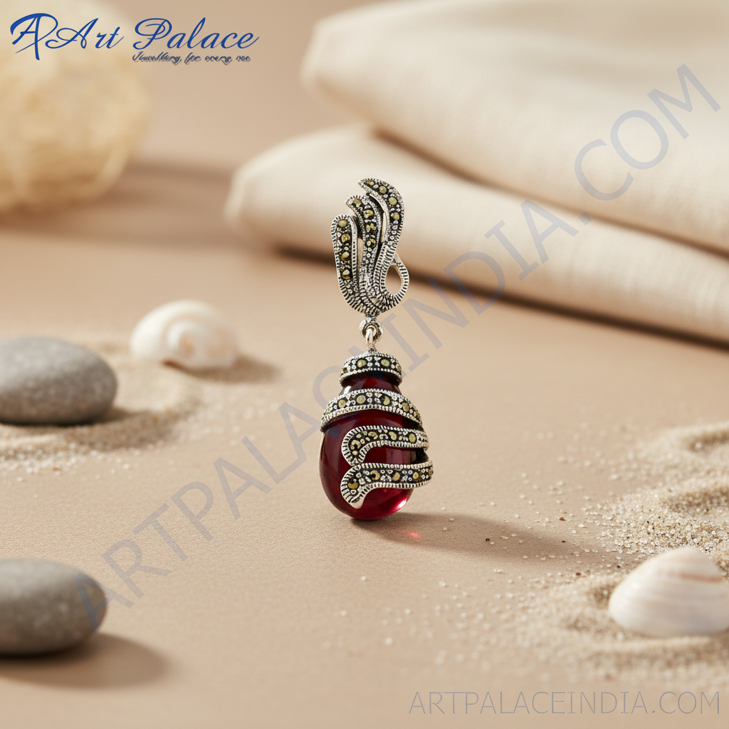 925 Silver & Garnet Pendant | Marcasite Accents | For Women