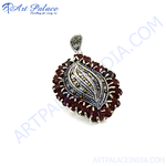 Load image into Gallery viewer, Sterling silver garnet and marcasite pendant with red and black gemstone design
