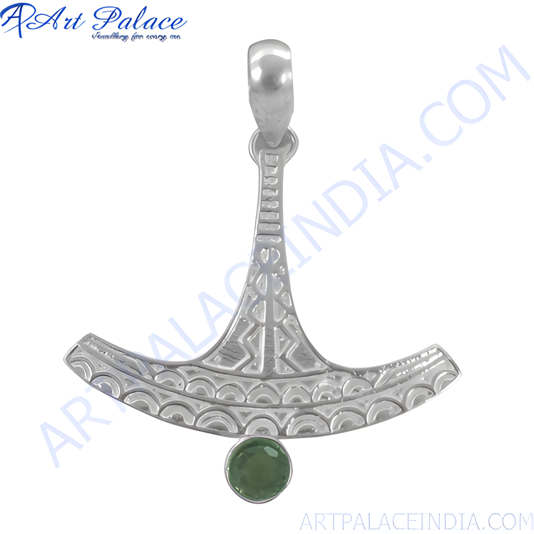 925 sterling silver Thor's hammer pendant with green emerald gemstone.