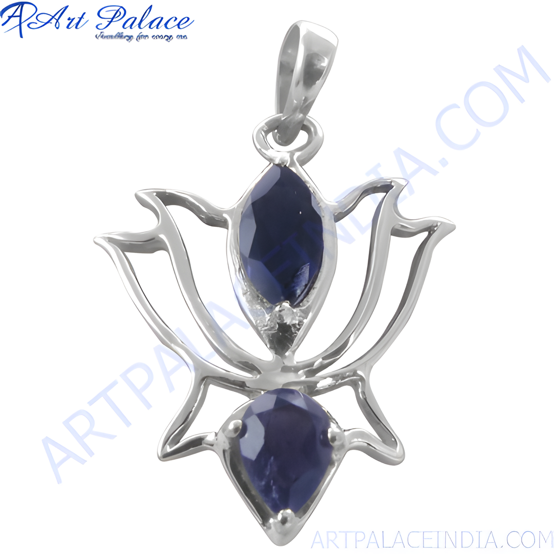 925 sterling silver lotus pendant necklace with pear-shaped blue iolite gemstones.