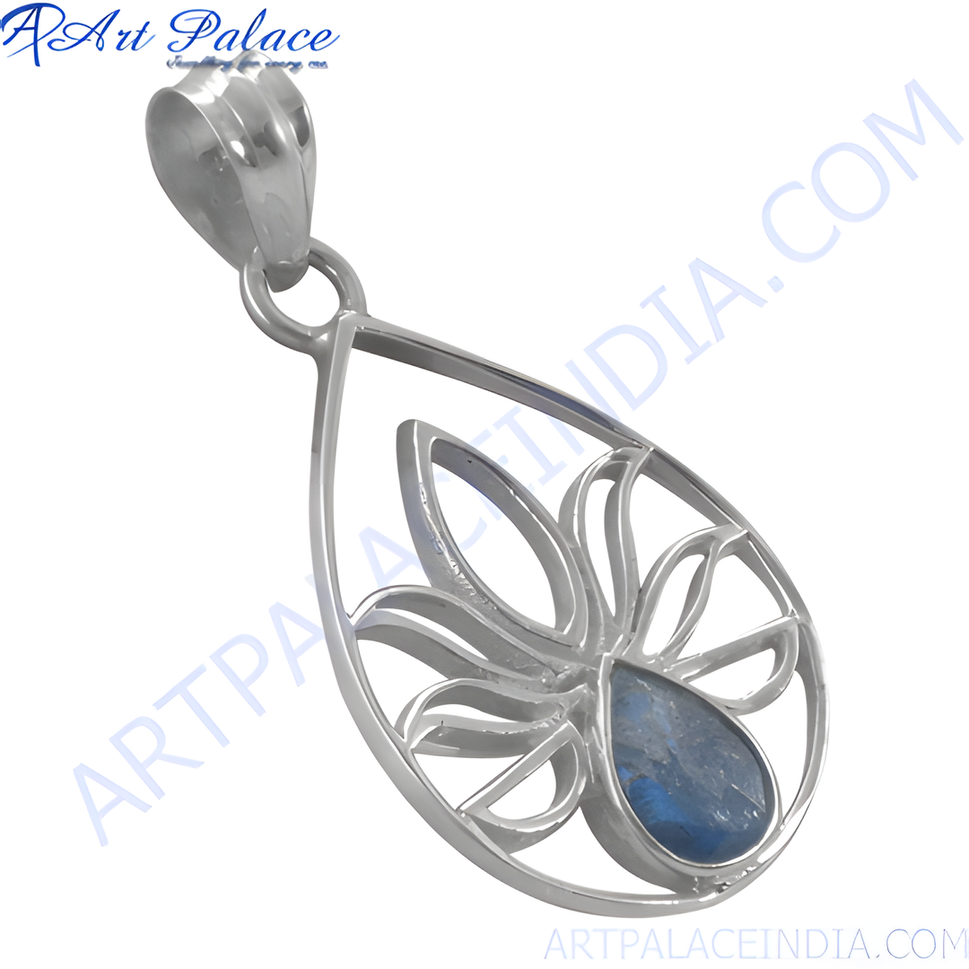 925 sterling silver teardrop pendant with a blue labradorite gemstone, designed with an open floral pattern