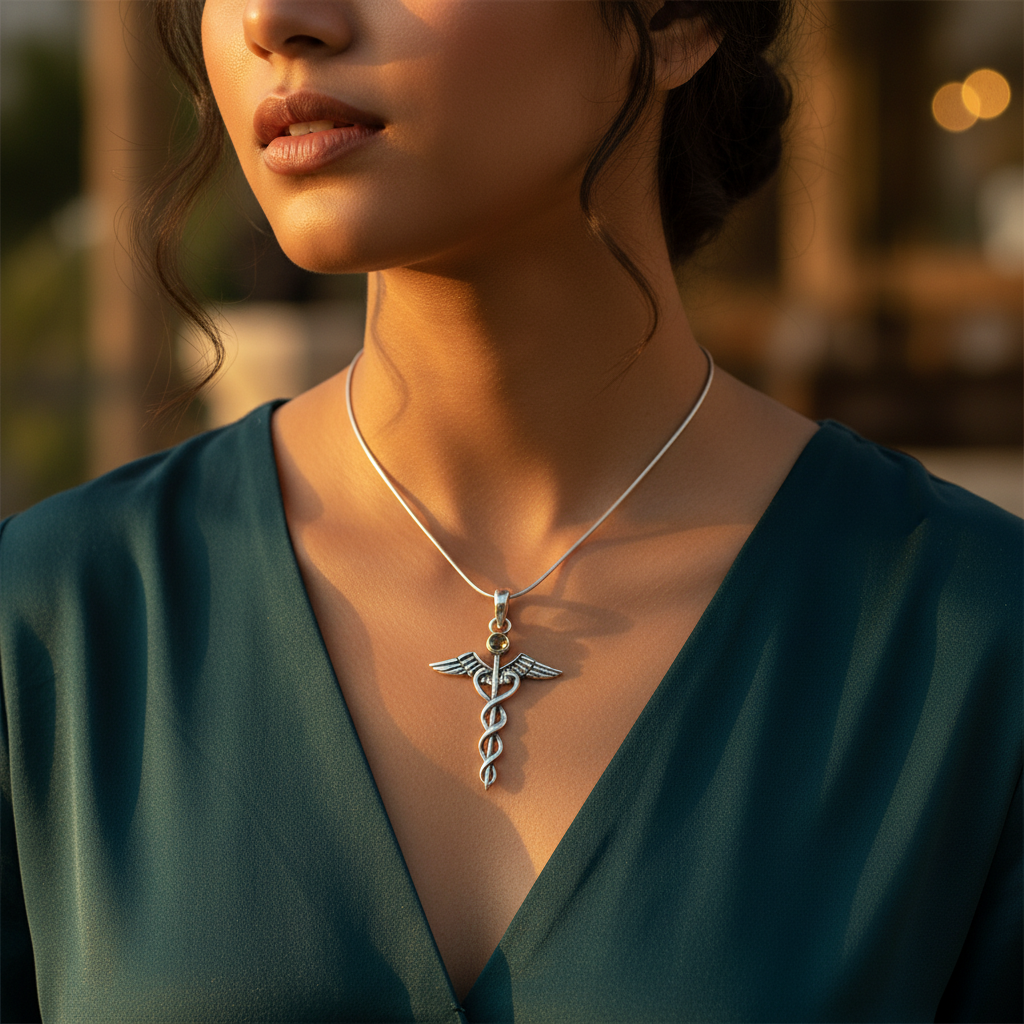 925 Silver Caduceus Pendant for Women | Medical Jewelry Gift