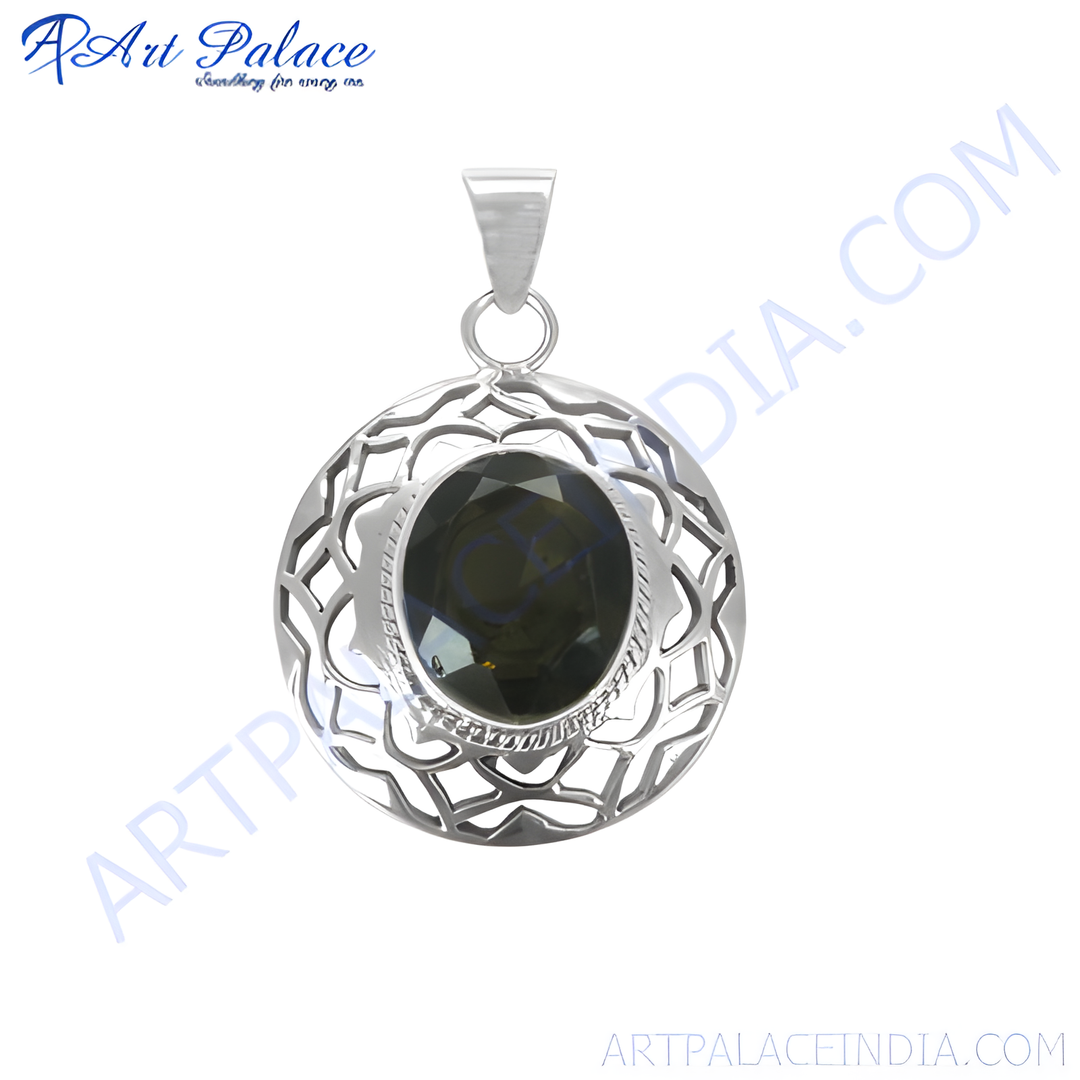 925 sterling silver oval green gemstone pendant with a decorative openwork design