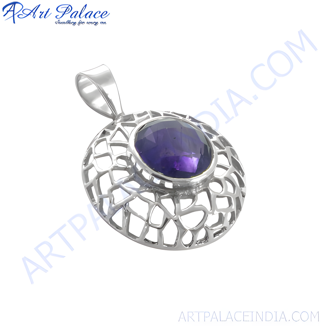 925 sterling silver amethyst pendant with a large purple gemstone, round, openwork design.