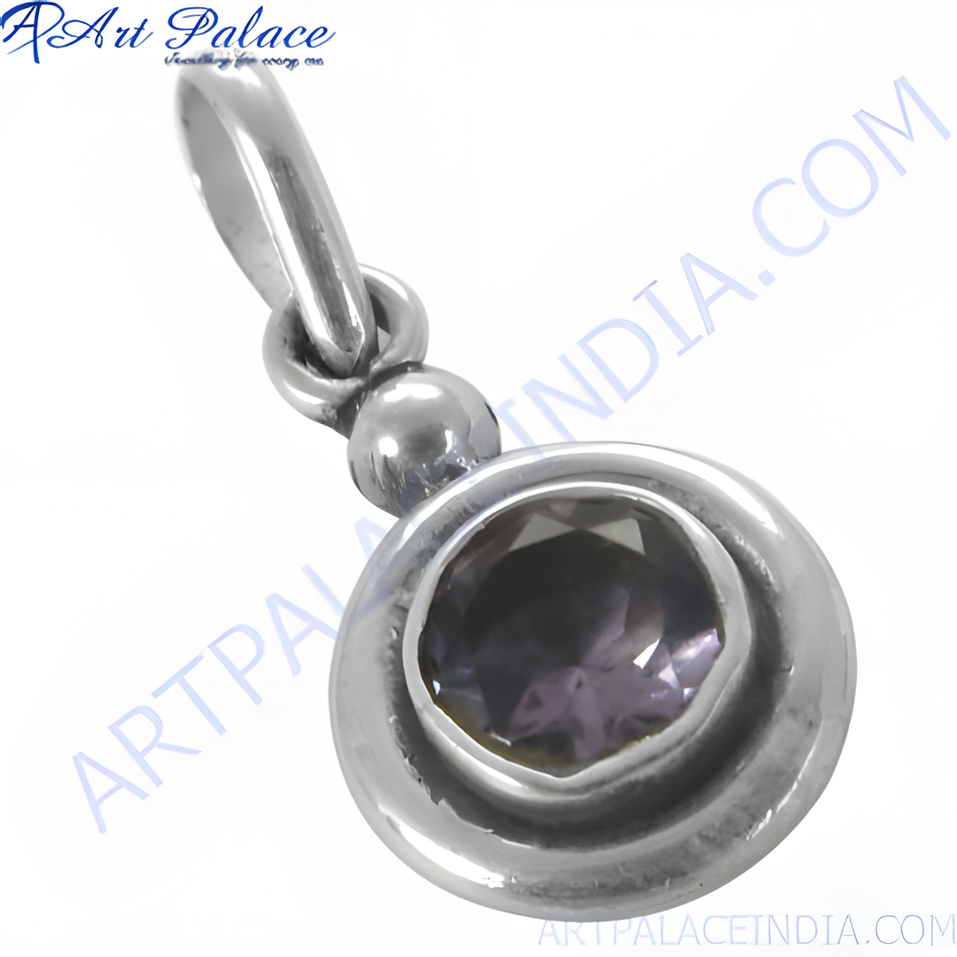 925 sterling silver amethyst pendant with a round, light purple gemstone, perfect for necklace.