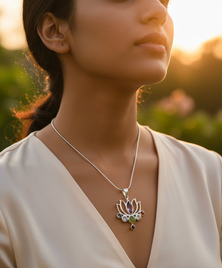 925 Silver Chakra Lotus Pendant Necklace for Women | Yoga Gift