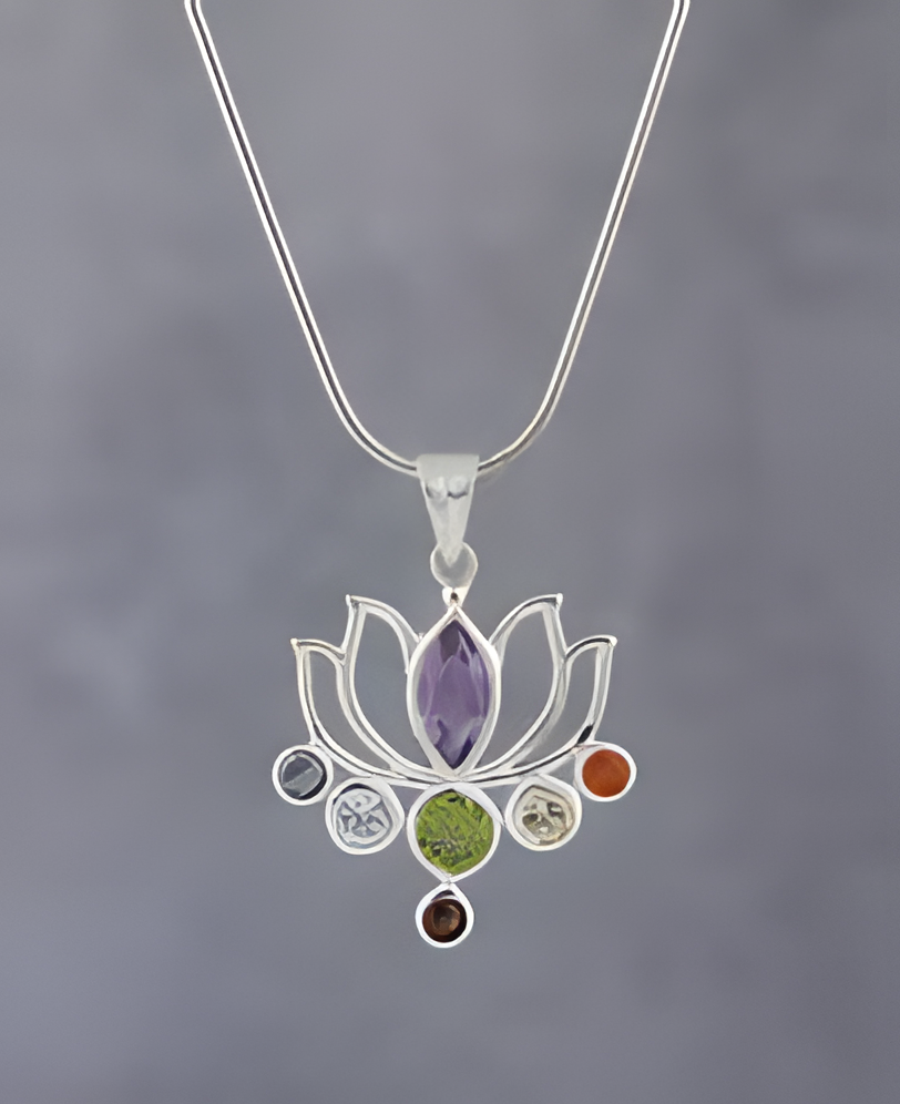925 sterling silver chakra lotus pendant necklace with colorful gemstones