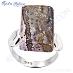 Load image into Gallery viewer, Sterling silver gemstone ring with a rectangular natural stone in earthy tones.
