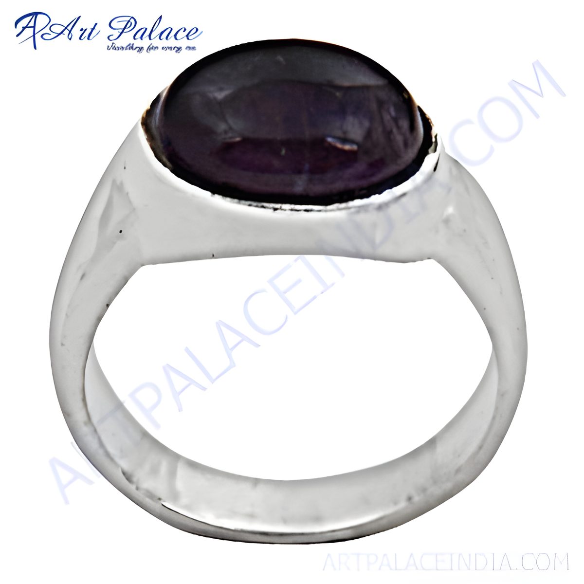 Sterling silver men's signet ring with a large oval shaped dark purple amethyst gemstone