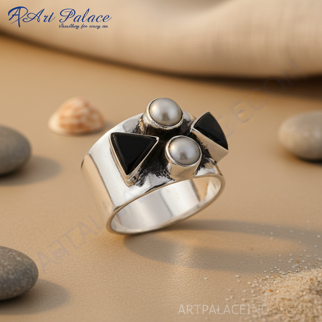 925 Silver Pearl & Onyx Ring for Women | Statement Jewelry