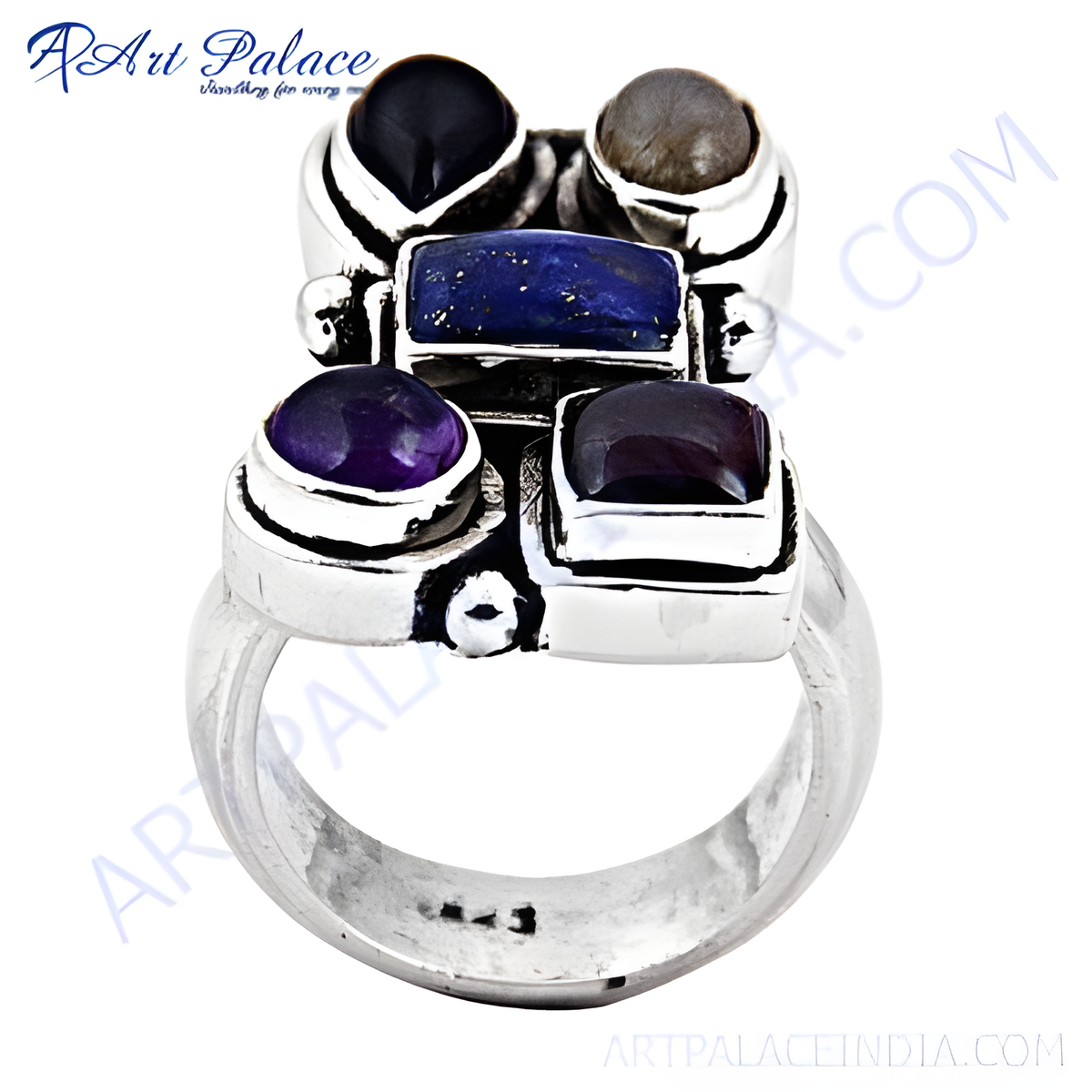 Sterling silver ring with multiple colorful gemstones, including amethyst and lapis lazuli