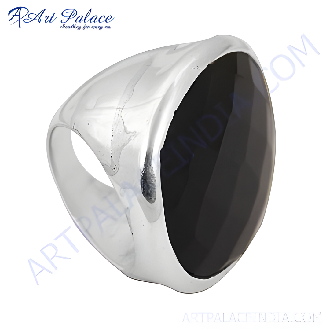 Silver mens signet ring with a large, polished black onyx gemstone, perfect for men's fashion.