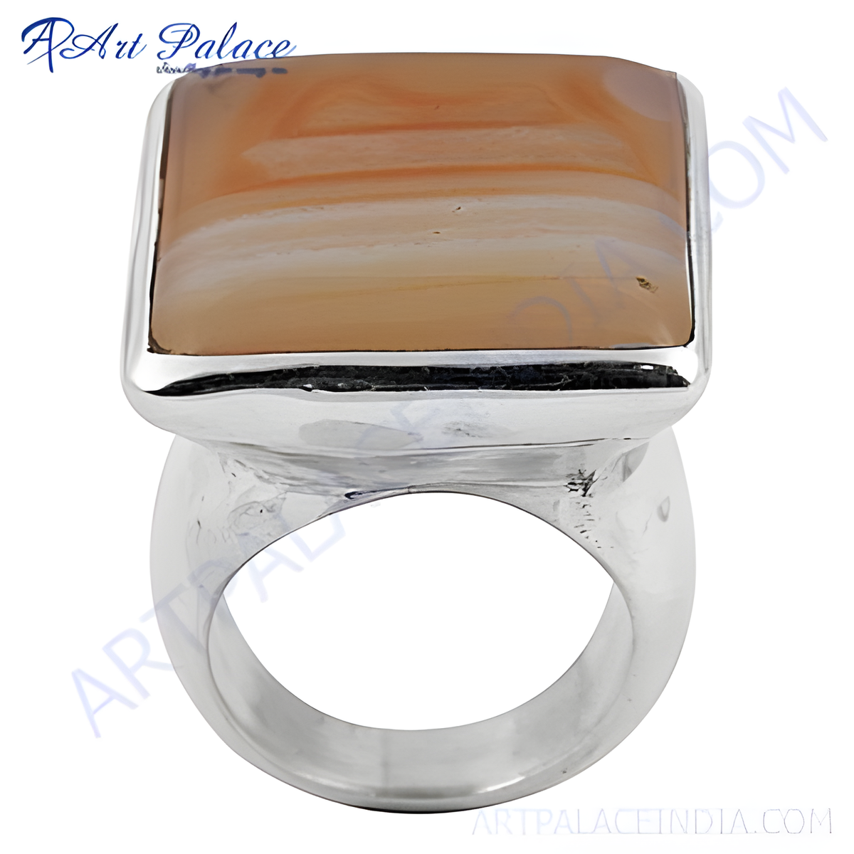 Silver ring with a large square agate stone