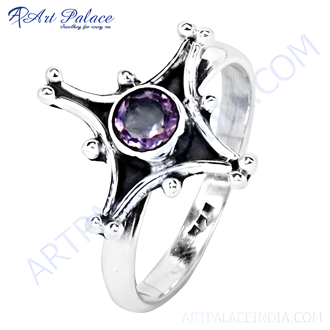 925 sterling silver ring with a round purple amethyst gemstone in the center, unique jewelry design.