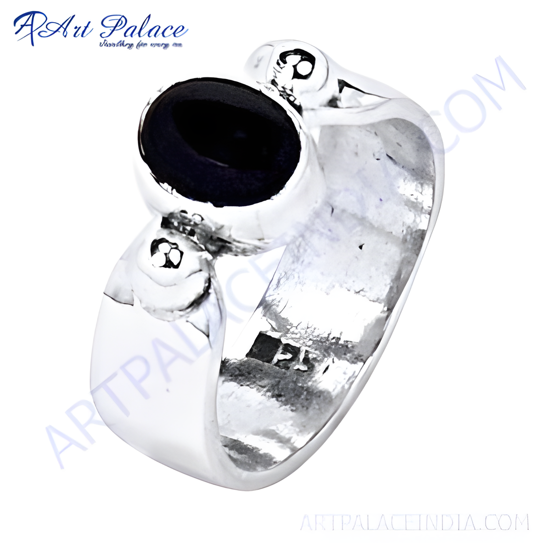 Sterling silver ring with oval black onyx gemstone center