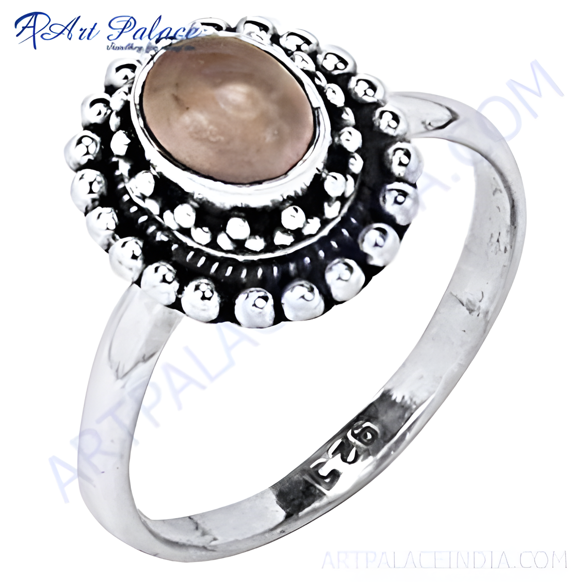 925 sterling silver ring with oval shaped, light brown gemstone center and a detailed band