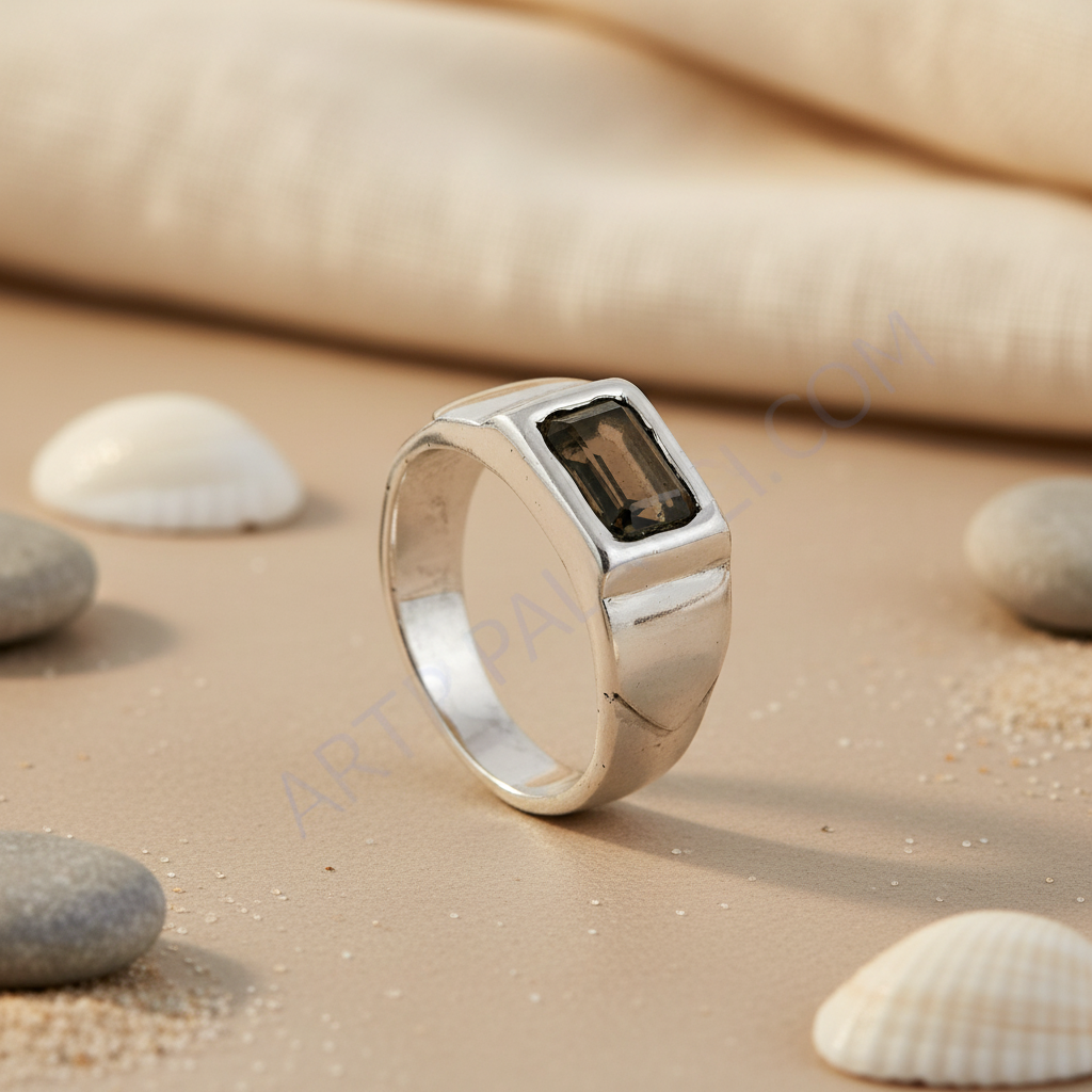 Silver Emerald Cut Smoky Quartz Ring for Men | Statement Jewelry