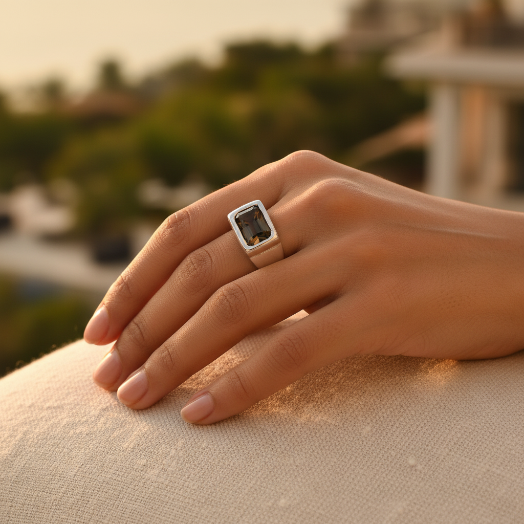 Silver Emerald Cut Smoky Quartz Ring for Men | Statement Jewelry