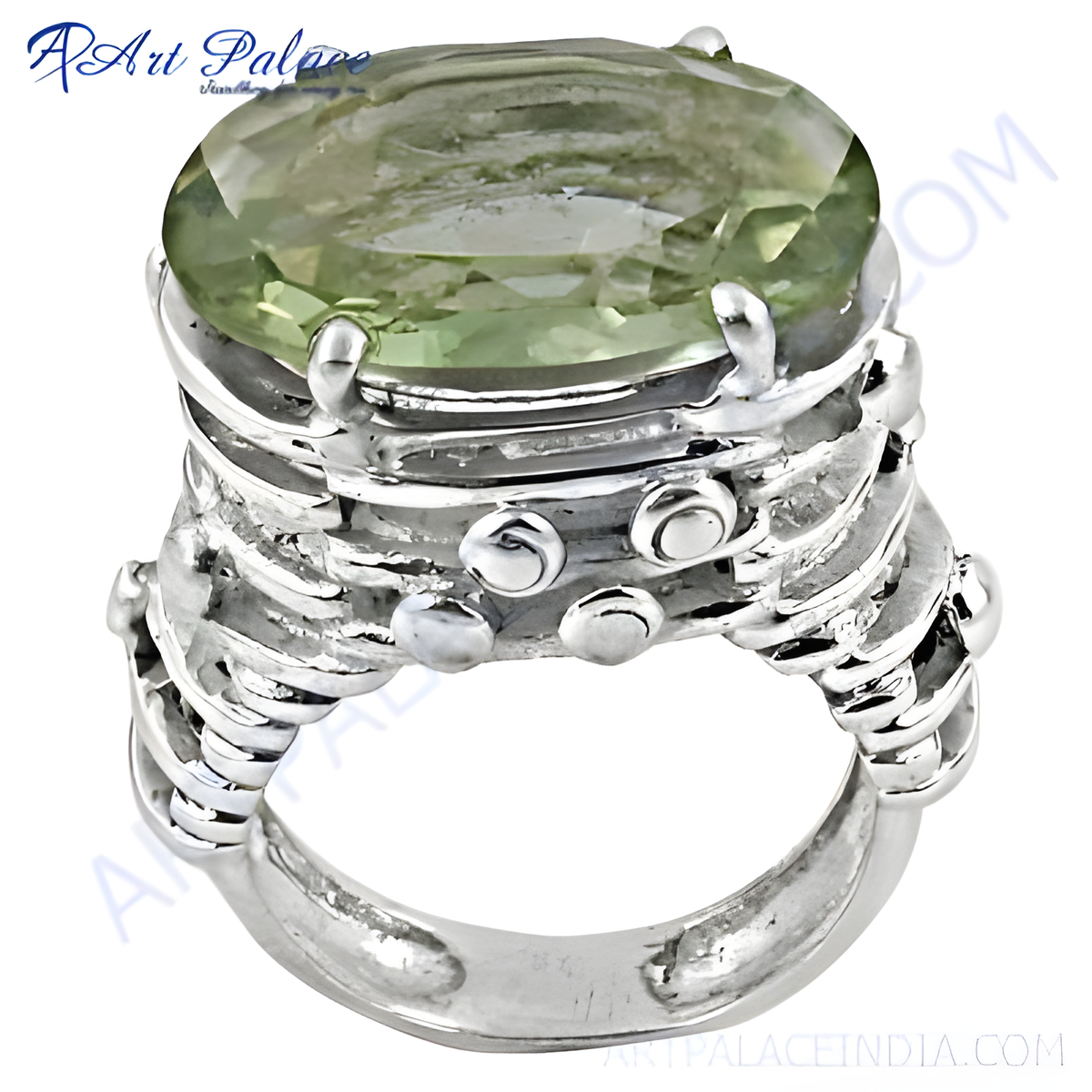 Sterling silver ring with a large oval cut green amethyst gemstone, a beautiful green color in a striking design