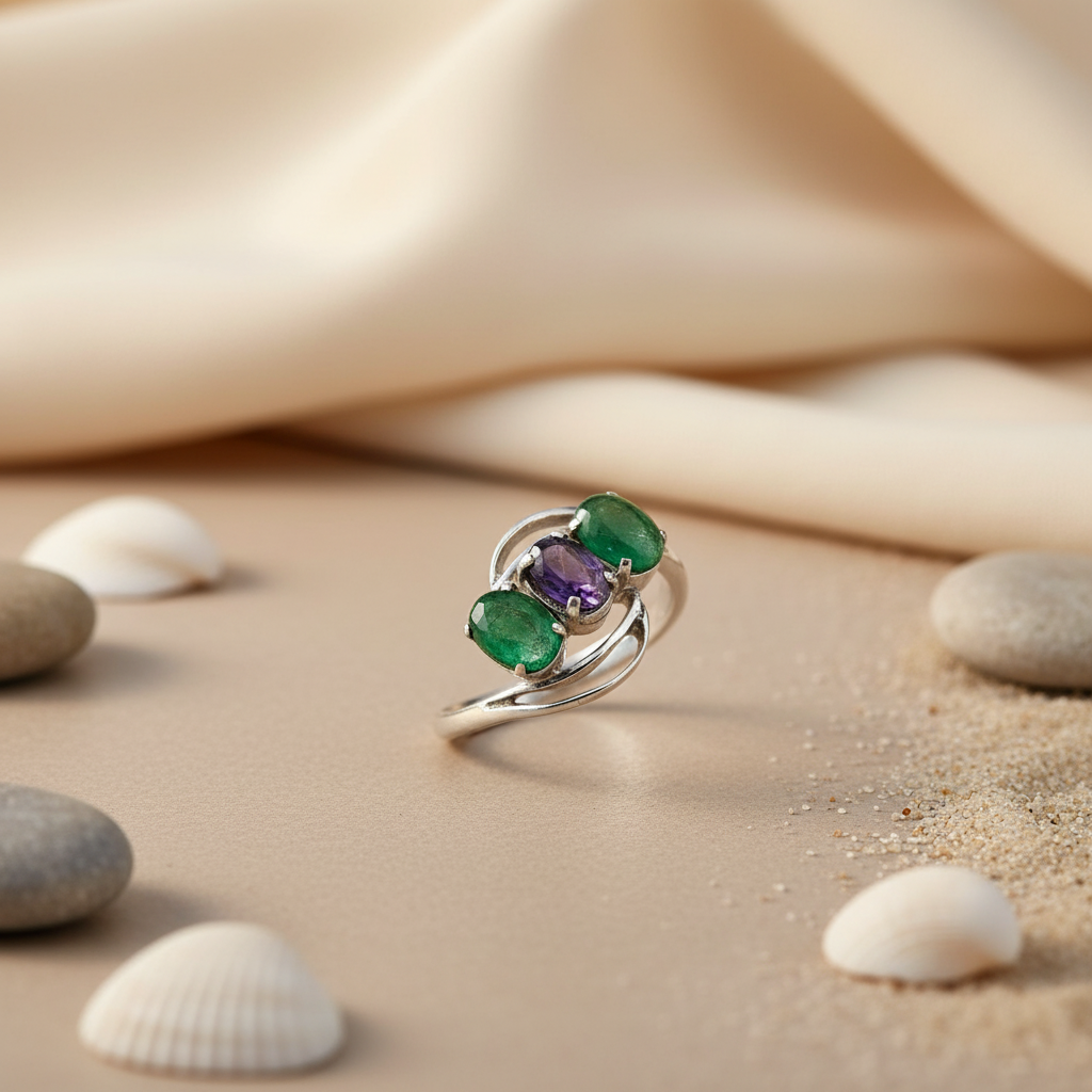 925 Silver Emerald & Sapphire Ring for Women | Gemstone Jewelry