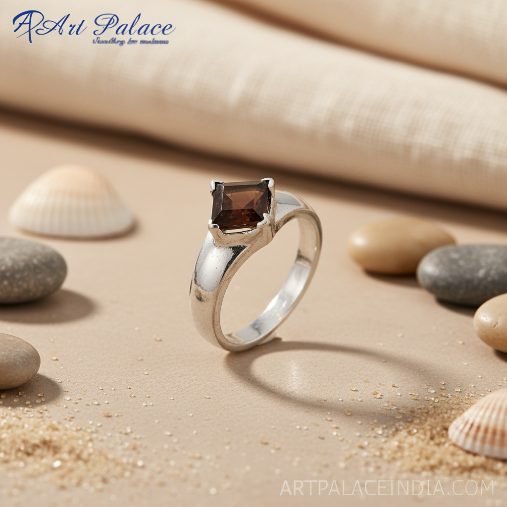 Silver Ring with Brown Square Gemstone for Men | Gift