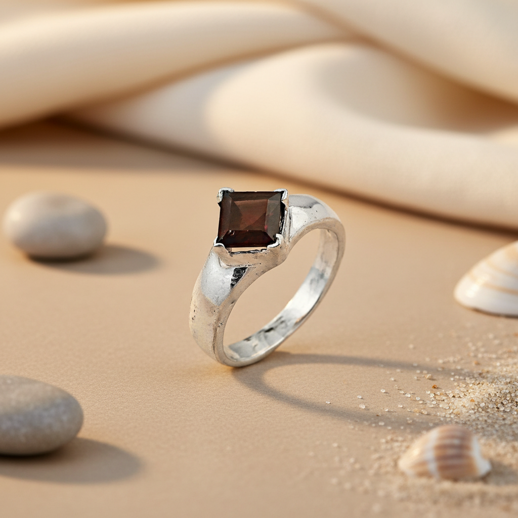 Silver Ring with Brown Square Gemstone for Men | Gift