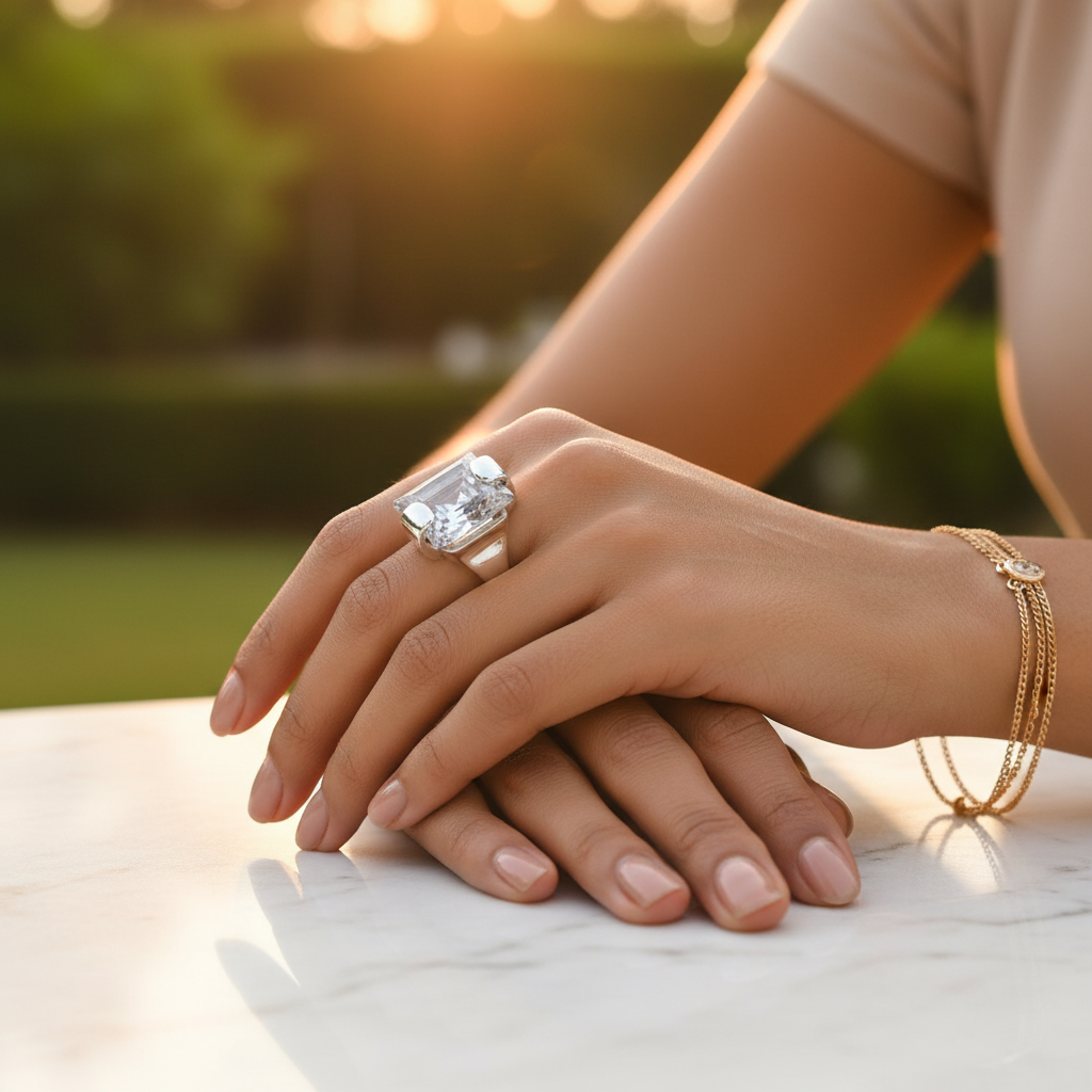 Silver Emerald Cut Cubic Zirconia Ring for Women | Gift