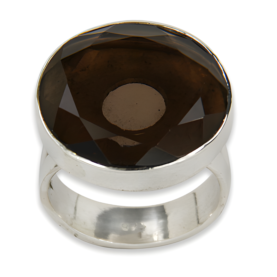 925 sterling silver ring with a large, faceted, brown smoky quartz gemstone for women.
