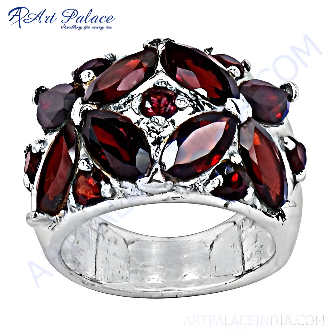 Sterling silver ring with multiple marquise-cut red garnet gemstones, a beautiful jewelry piece for women.