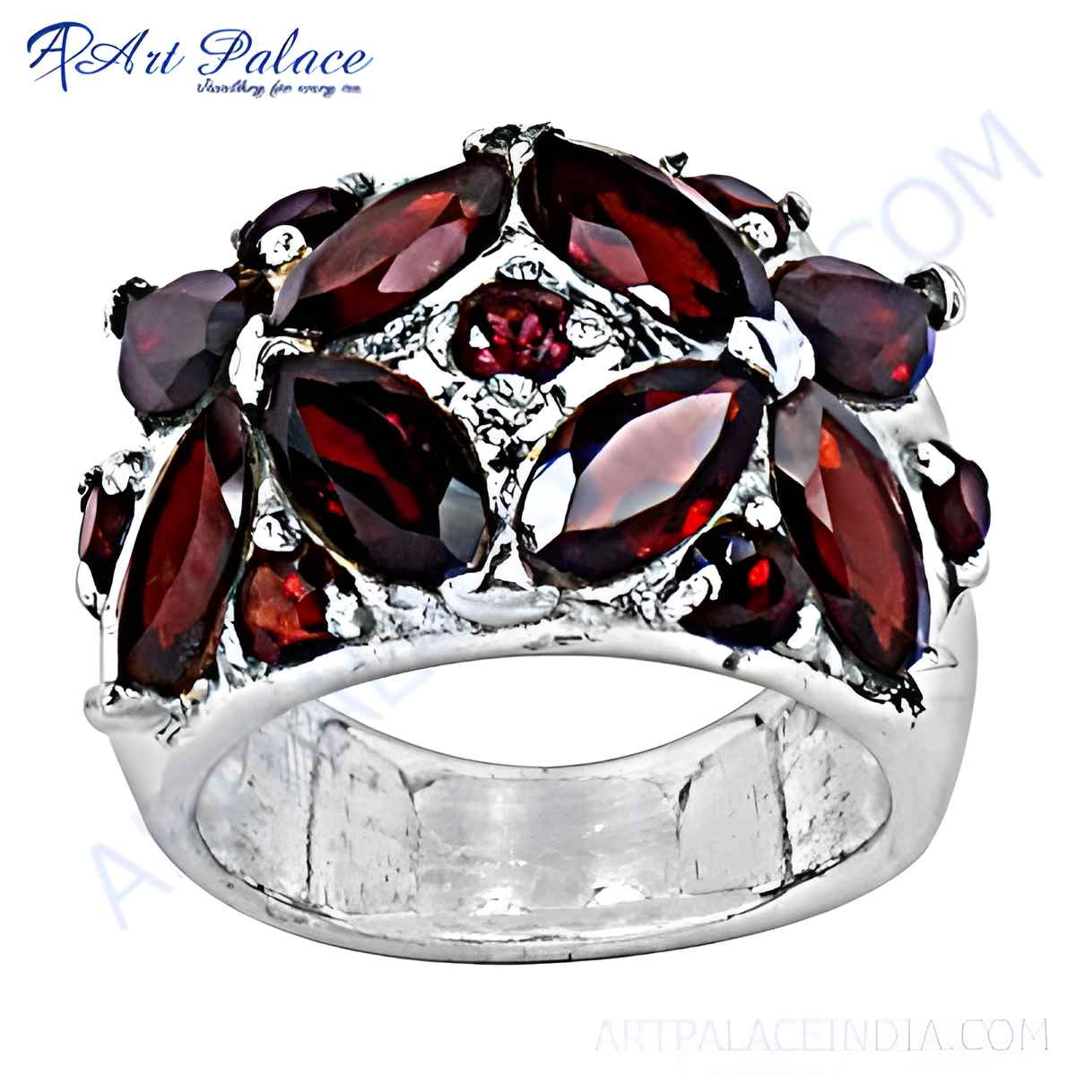 Sterling silver ring with multiple marquise cut red garnet gemstones, a beautiful jewelry piece for women