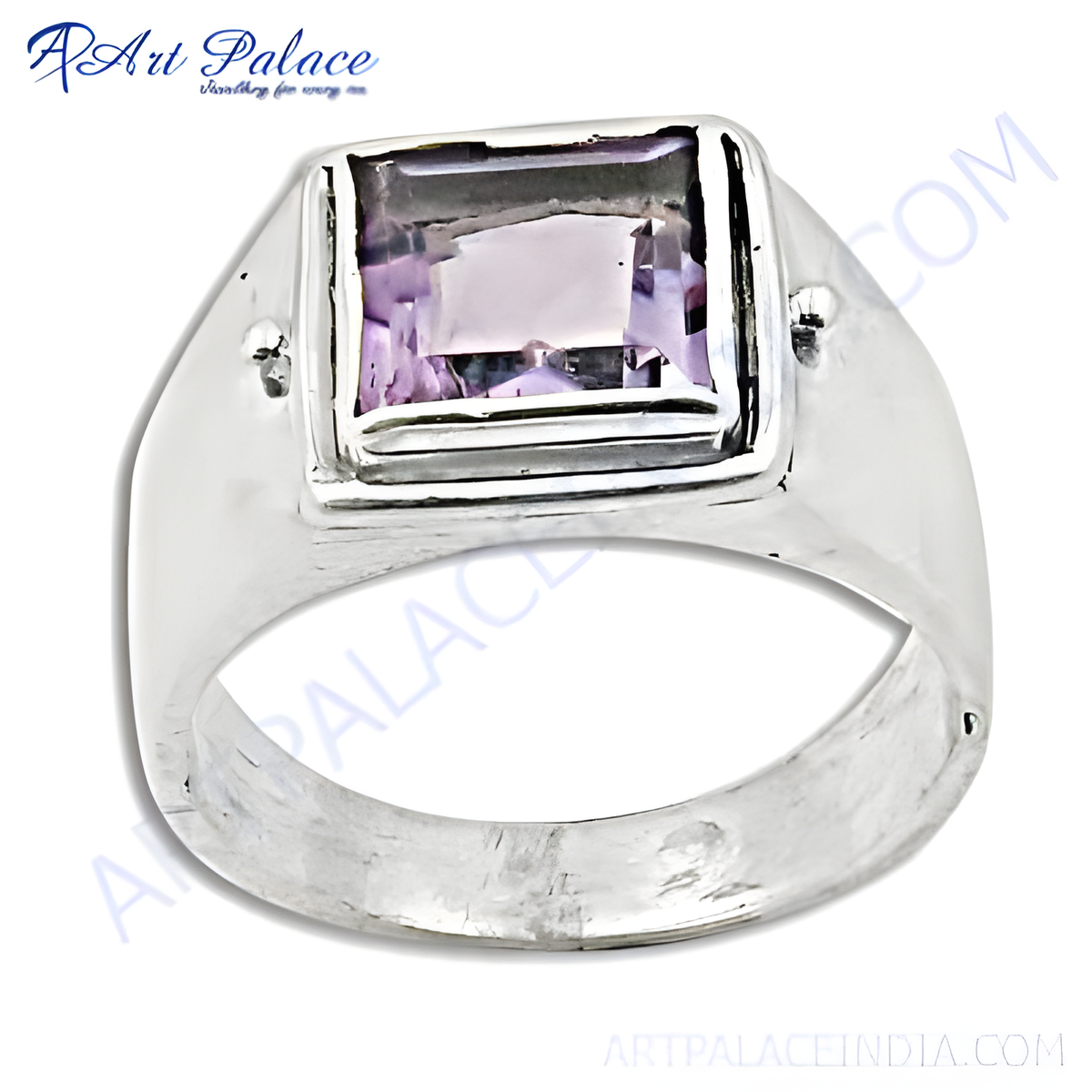 Sterling silver ring with a square cut amethyst gemstone for men