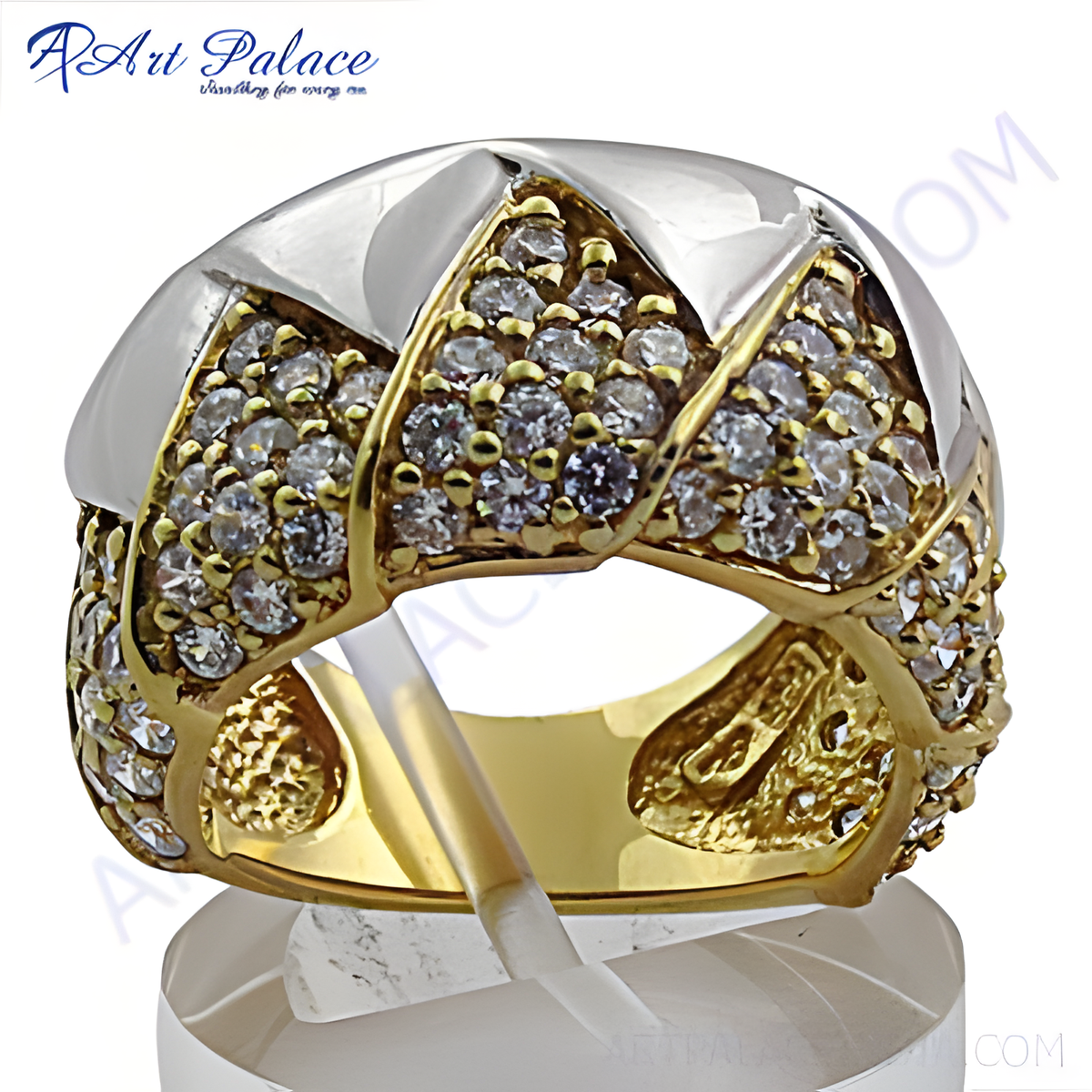 Gold plating and diamond pave cocktail ring, featuring a geometric design with numerous small diamonds