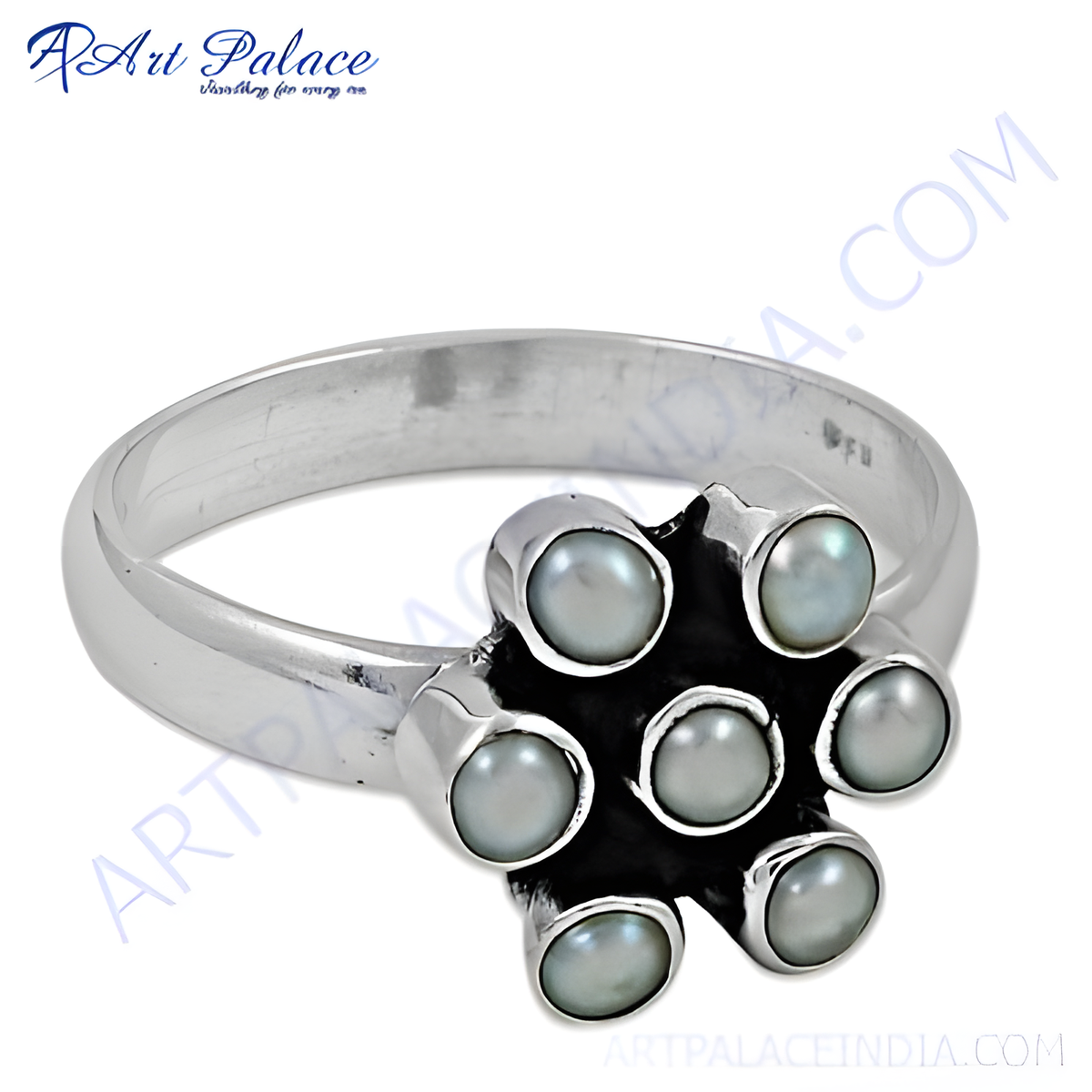 Sterling silver ring featuring a cluster of grey pearls in a flower design