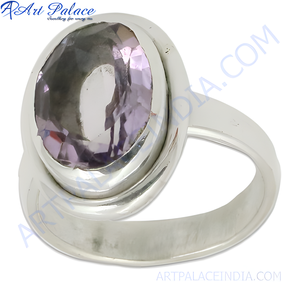 Sterling silver amethyst ring, featuring a large oval-cut purple gemstone, designed for women's jewelry.