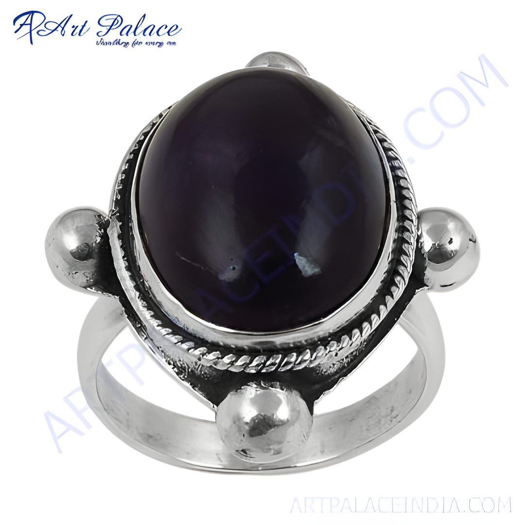 925 silver ring with a large oval-cut dark purple amethyst gemstone. Women's ring