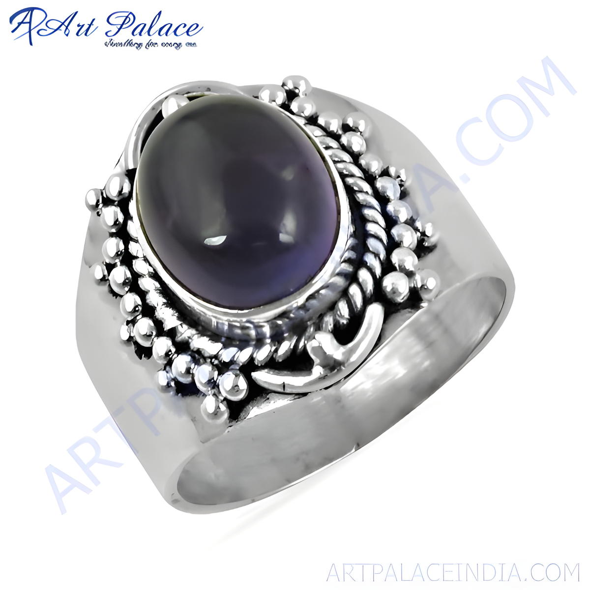 925 sterling silver ring with a large purple gemstone center and ornate silver detailing