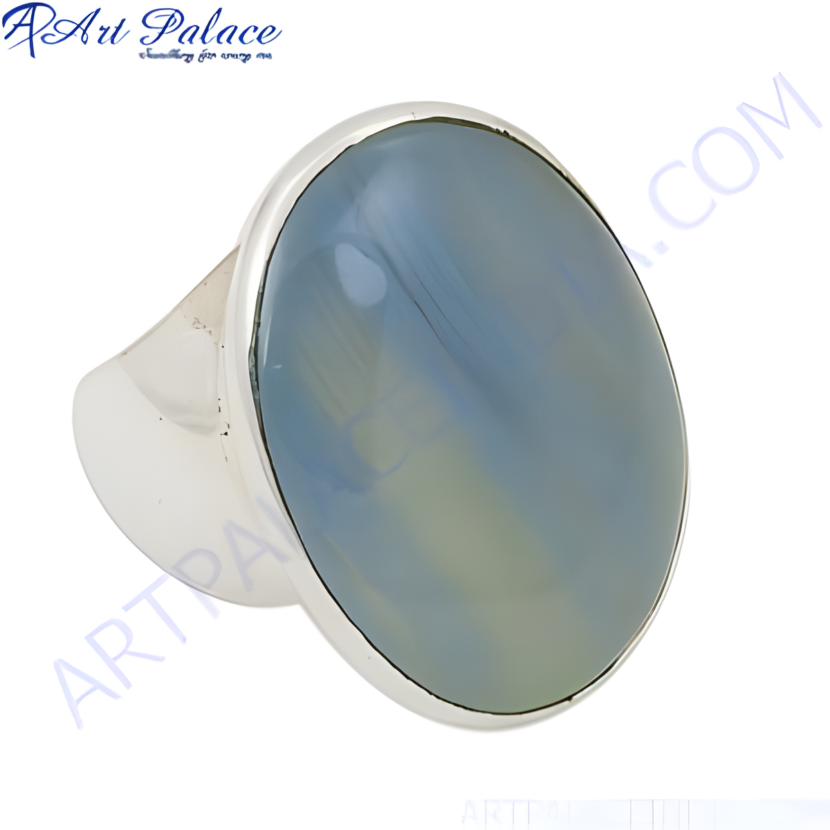 925 sterling silver statement ring with large oval blue chalcedony gemstone