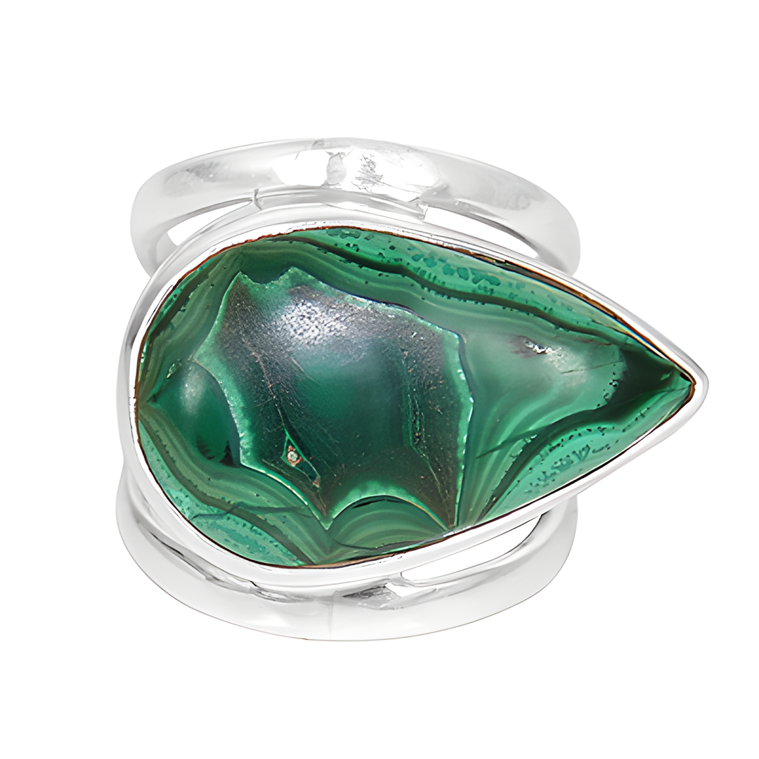 Sterling silver teardrop ring with a vibrant green malachite gemstone.