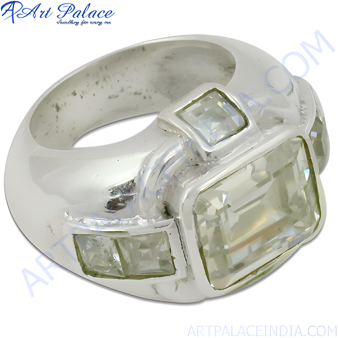 Silver ring with large cubic zirconia stones, set in a modern design, perfect for women's fashion.