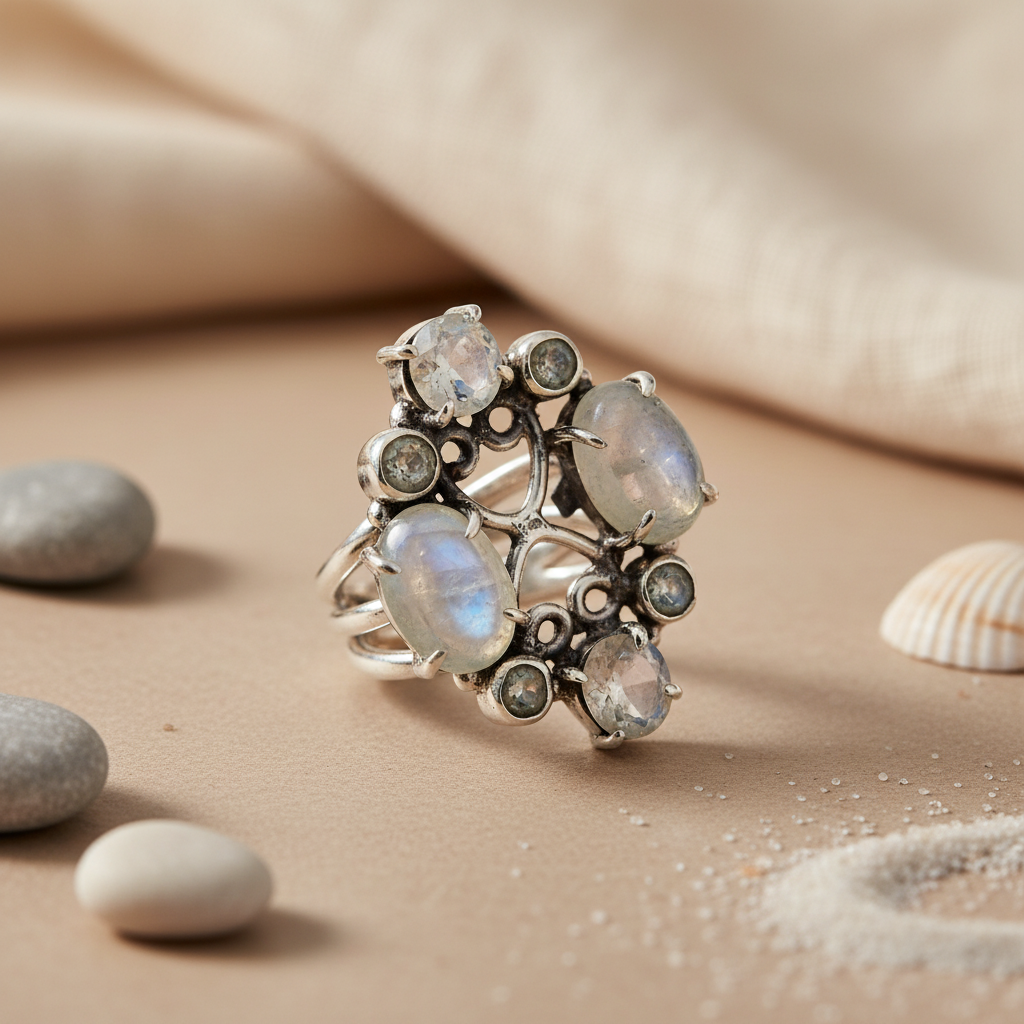 925 Silver Moonstone Cluster Ring for Women | Gemstone Jewelry