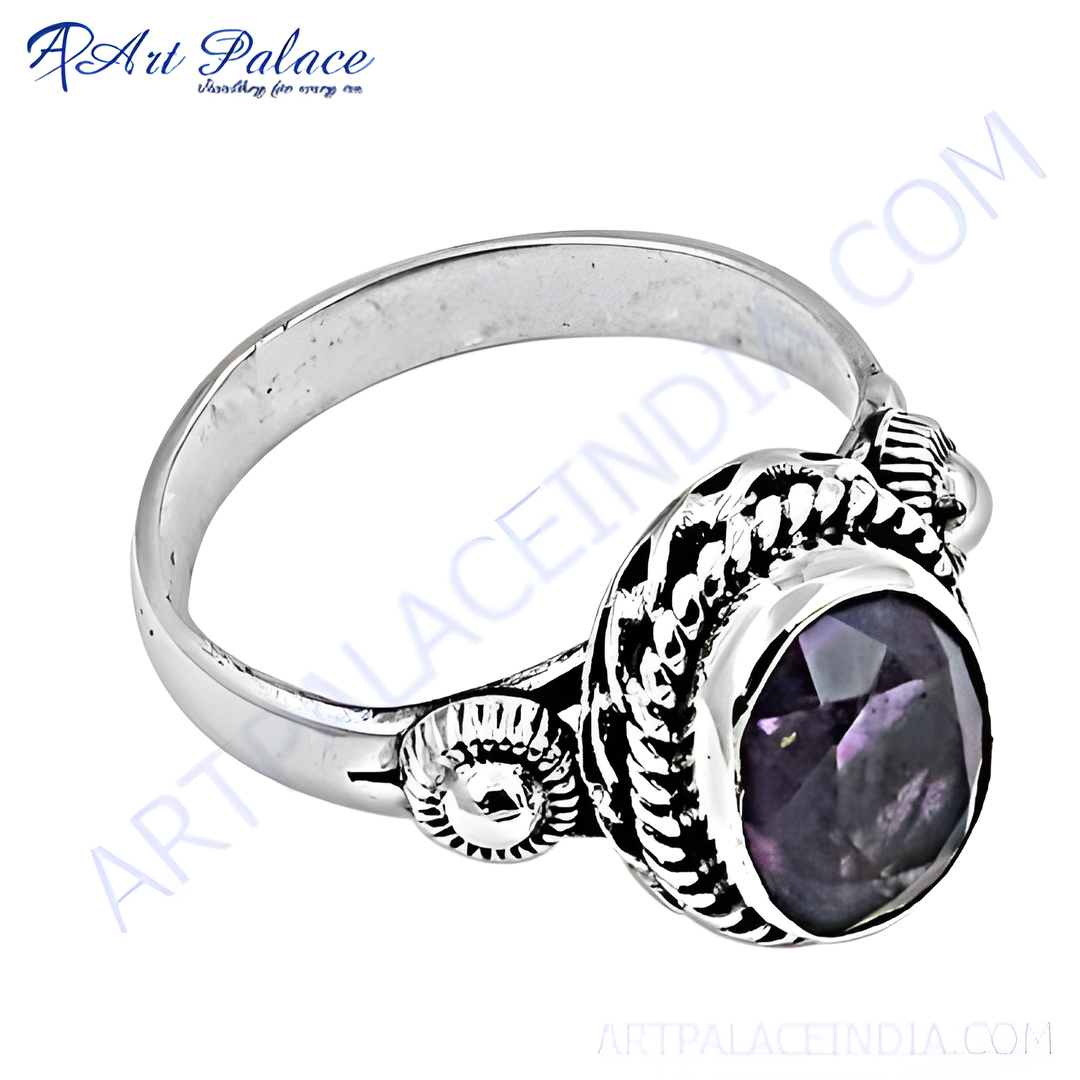 925 sterling silver amethyst ring featuring a large oval purple gemstone. The ring is designed for women.