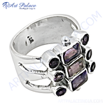 Load image into Gallery viewer, 925 sterling silver amethyst ring with multiple purple gemstones in a unique design.
