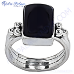 Load image into Gallery viewer, Sterling silver ring with a large rectangular black onyx gemstone.
